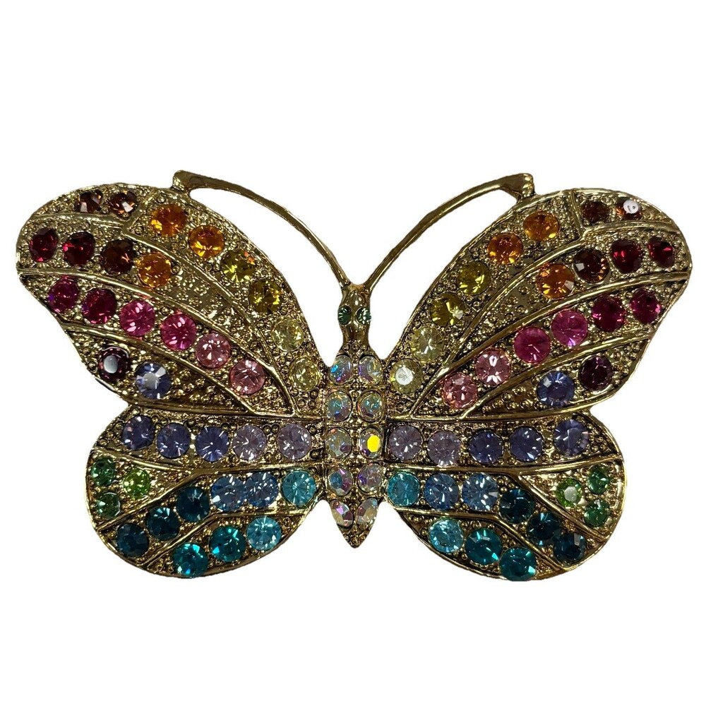 Kirk’s Folly Rainbow Butterfly Brooch Pin AB Rhinestones Gold Tone Large